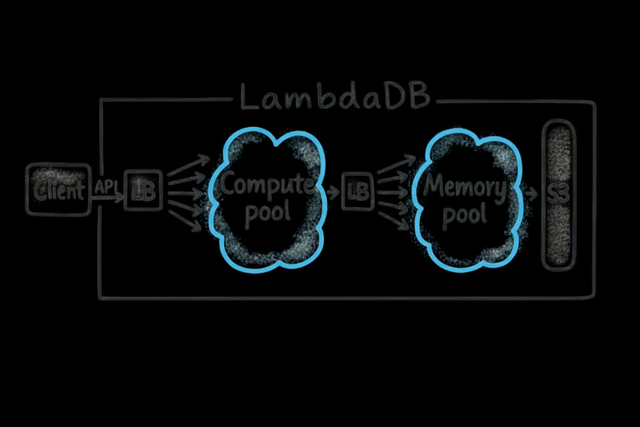 LambdaDB architecture: Client → API LB → Compute pool → Memory pool → S3